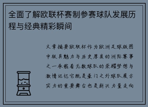 全面了解欧联杯赛制参赛球队发展历程与经典精彩瞬间